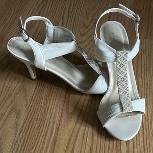David’s Bridal t-strap open toe heels with beaded detail